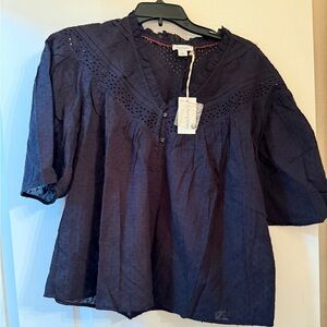 Sundance Large Black Eyelet V-Neck Cotton Top